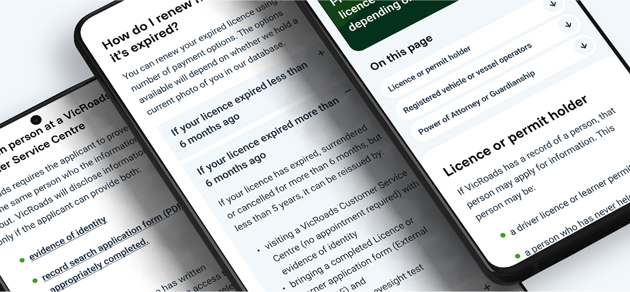 Close-up of three smartphones displaying text-based informational content about renewing expired licenses and permit holder details.