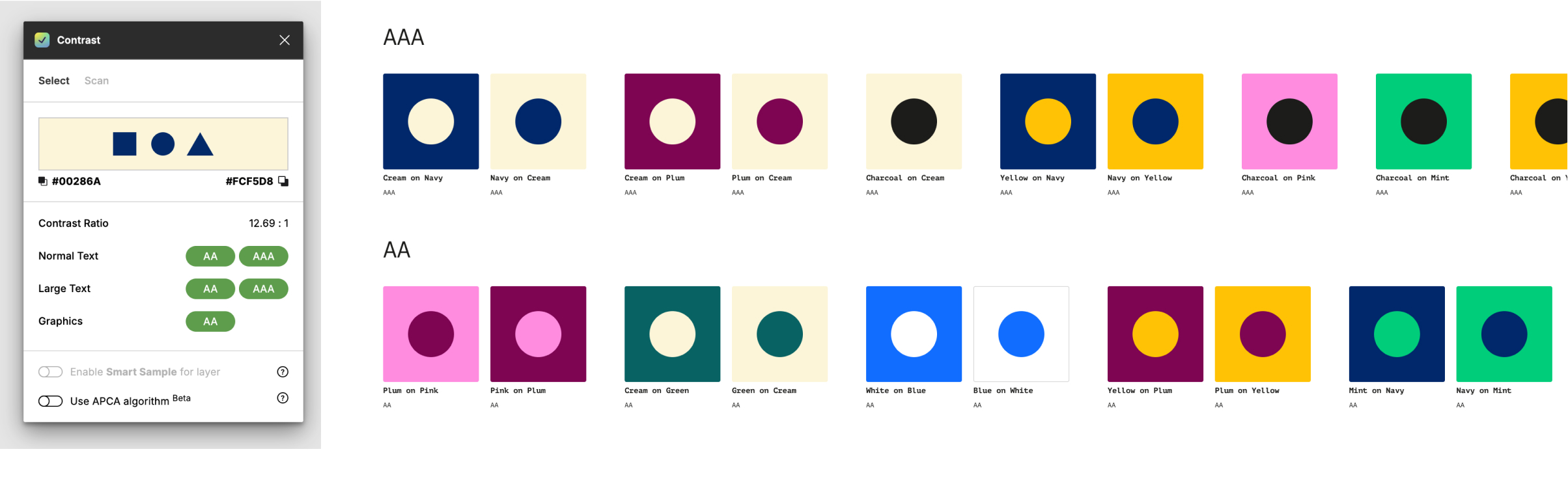 Color contrast checker interface showing a contrast ratio of 12.69:1 between navy and cream colors, along with examples of various color pairs rated AAA and AA for accessibility compliance.
