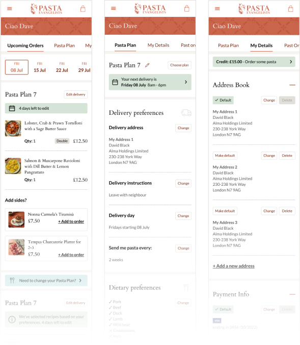 Three mobile screens of Pasta Evangelists account showing upcoming orders with dishes and prices, delivery preferences including address and instructions, and address book with multiple saved addresses and payment info.