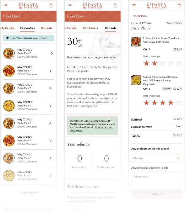 Three mobile app screens of Pasta Evangelists showing past orders with pasta dish images and prices, rewards program details with referral offers, and a detailed view of a past order including dish names, quantities, prices, and a rating section.