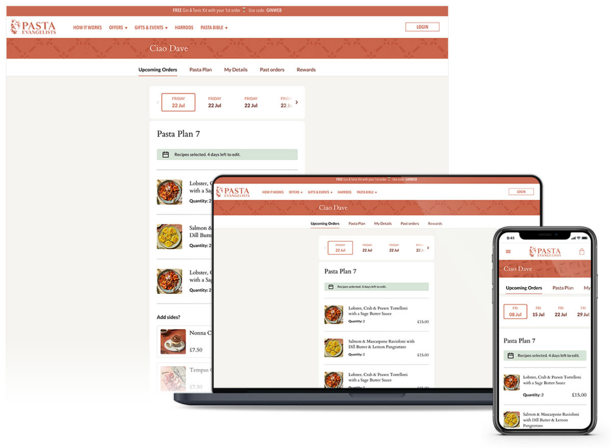 Pasta Evangelists online account page displayed on a laptop and smartphone, showing upcoming orders and a pasta plan with dishes like Lobster, Crab & Prawn Tortelloni and Salmon & Mascarpone Ravioloni.