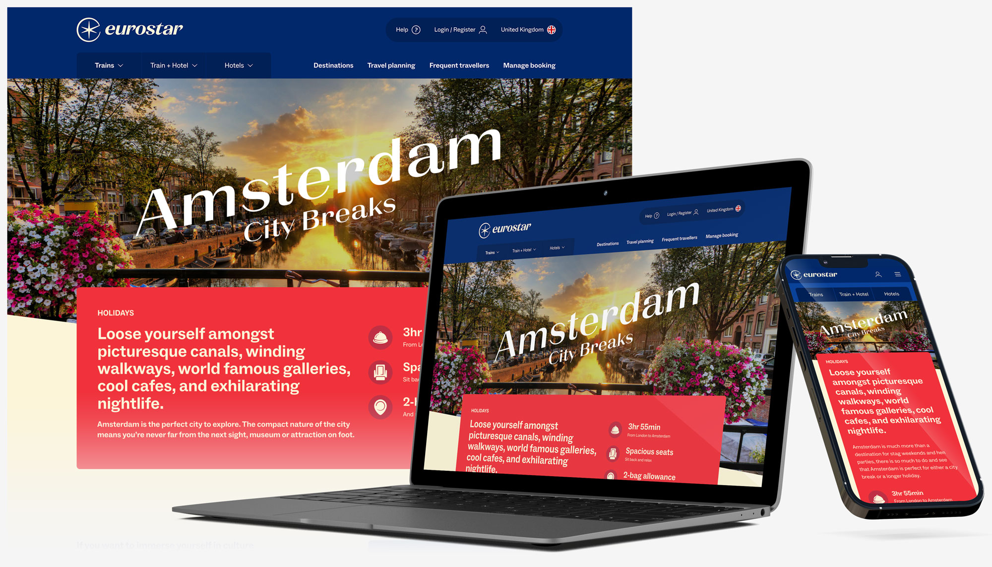 Eurostar website displayed on laptop and smartphone showing Amsterdam city breaks with a canal scene at sunset and travel highlights.