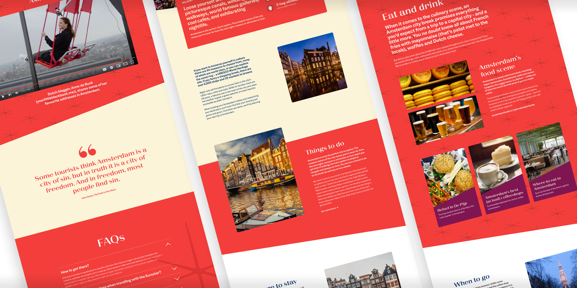 Three angled brochure pages about Amsterdam featuring photos of canals, cheese, beer, food, and city scenes with red and cream backgrounds.