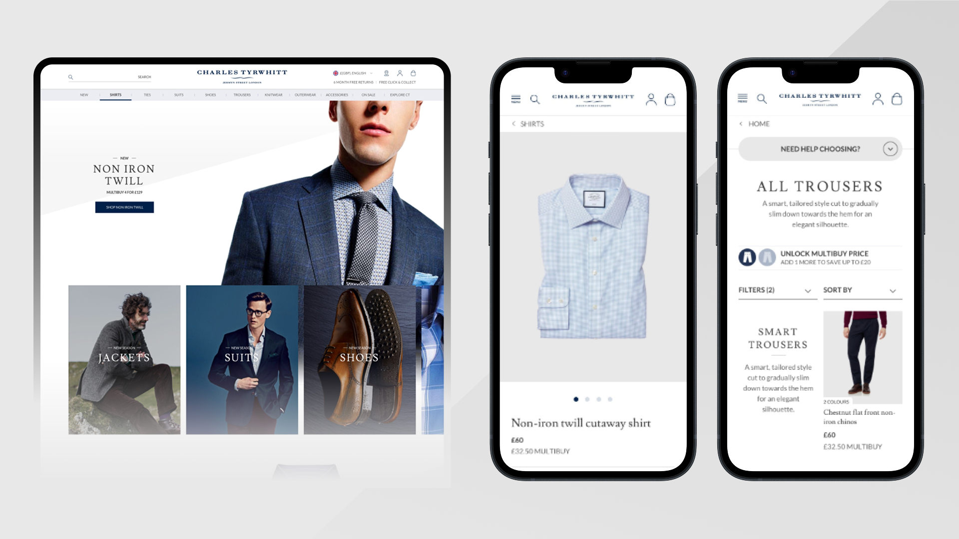 Charles Tyrwhitt website homepage and product pages displayed on a computer and two smartphones, showcasing men's non-iron twill shirts, jackets, suits, shoes, and trousers.
