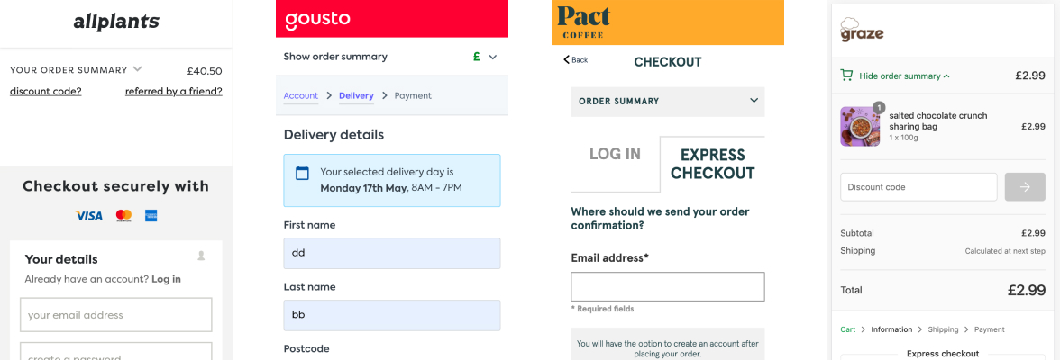 Four online checkout pages from allplants, Gousto, Pact Coffee, and Graze, each showing order summaries and delivery or payment details.