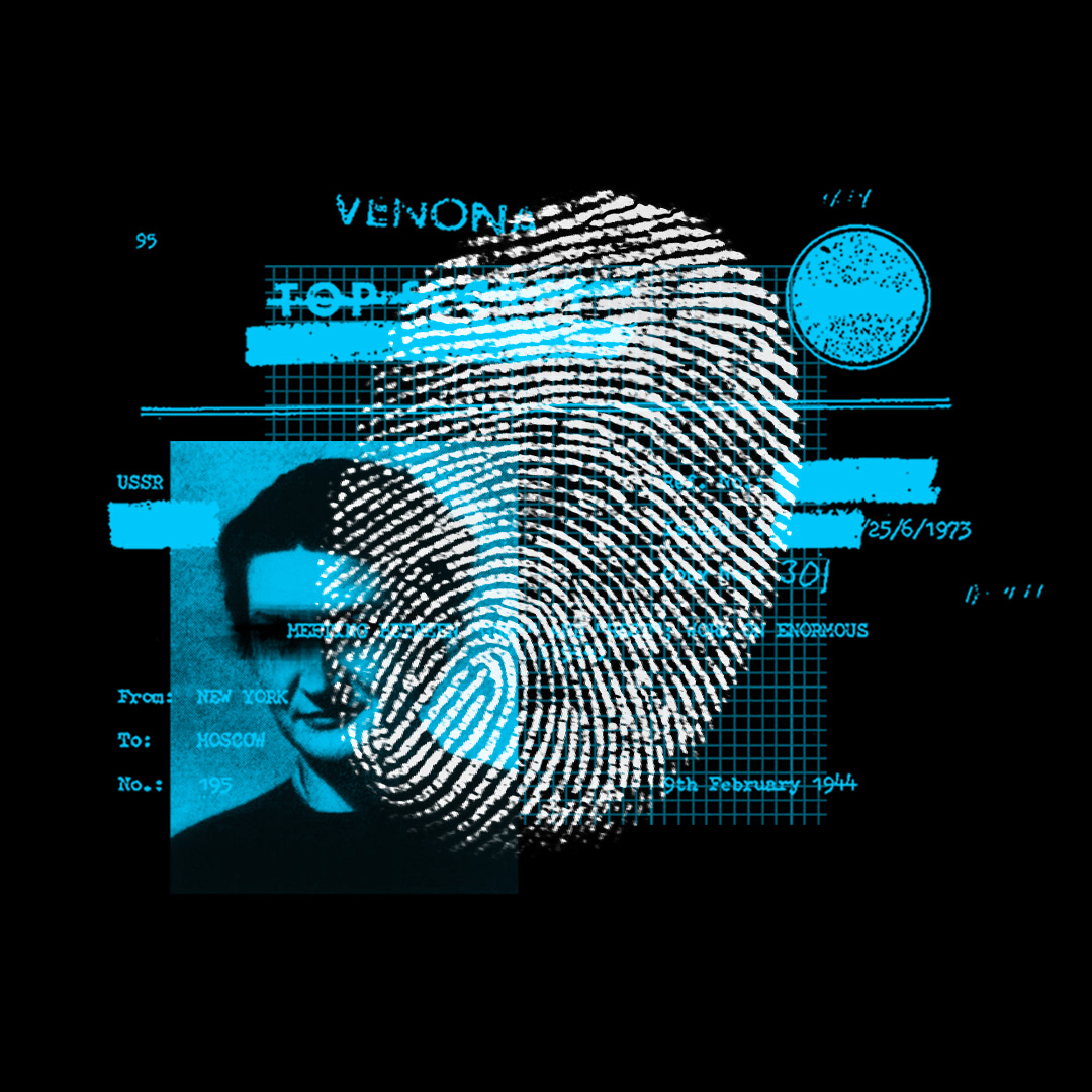 Collage with a blue-toned portrait of a man, a large white fingerprint overlay, and textual elements including 'VENONA', 'USSR', and 'From New York To Moscow'.