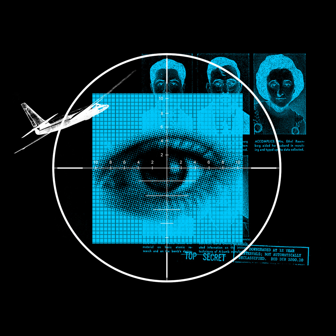 Blue-toned collage with a large eye overlaid with a grid and crosshairs, a white airplane silhouette, and black-and-white portraits marked as 'Top Secret'.