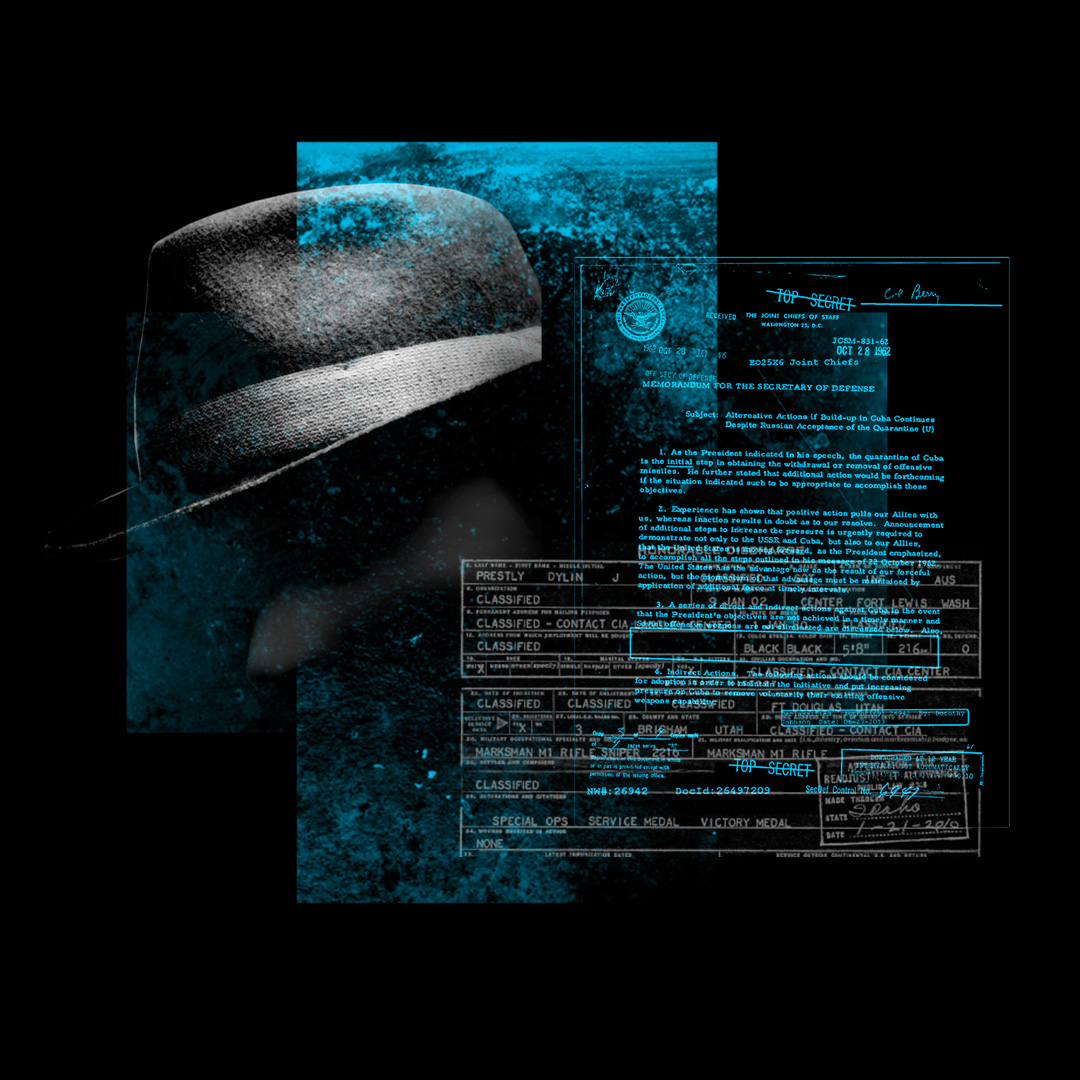 Black and white photo of a soldier wearing a helmet, with overlaid blue-toned classified military documents.
