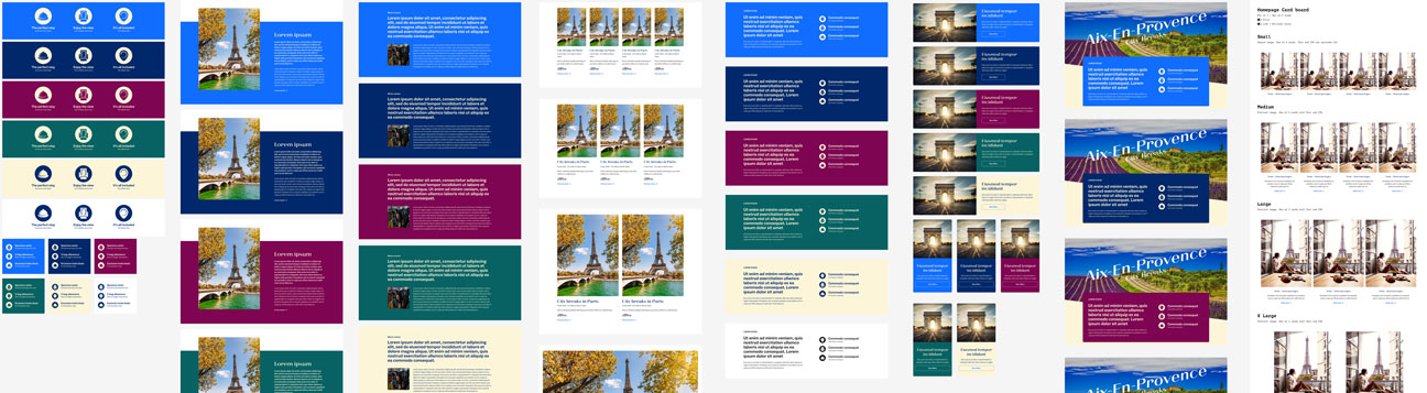 Collection of various website design templates and UI components featuring travel themes, including images of the Eiffel Tower and scenic landscapes, with color-coded sections, text blocks, icons, and layout examples.