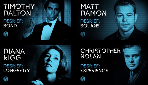 Four portraits with names and debrief topics: Timothy Dalton with debrief 'Bond'; Matt Damon with 'Bourne'; Diana Rigg with 'Longevity'; Christopher Nolan with 'Experience'.