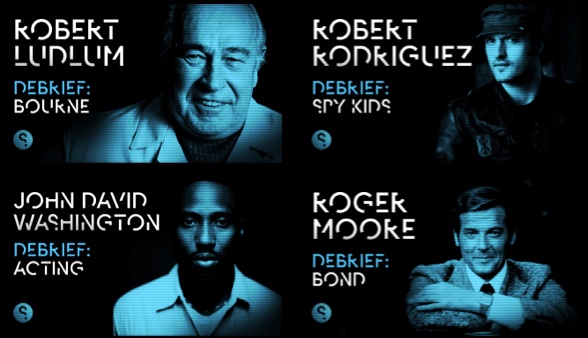 Four headshots of men with text: Robert Ludlum, Debrief: Bourne; Robert Rodriguez, Debrief: Spy Kids; John David Washington, Debrief: Acting; Roger Moore, Debrief: Bond.
