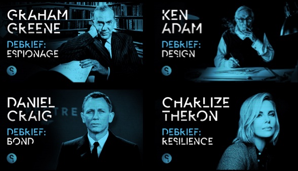 Collage of four portraits featuring Graham Greene with 'Debrief: Espionage,' Ken Adam with 'Debrief: Design,' Daniel Craig with 'Debrief: Bond,' and Charlize Theron with 'Debrief: Resilience,' all styled with blue monochrome tones and stylized text.