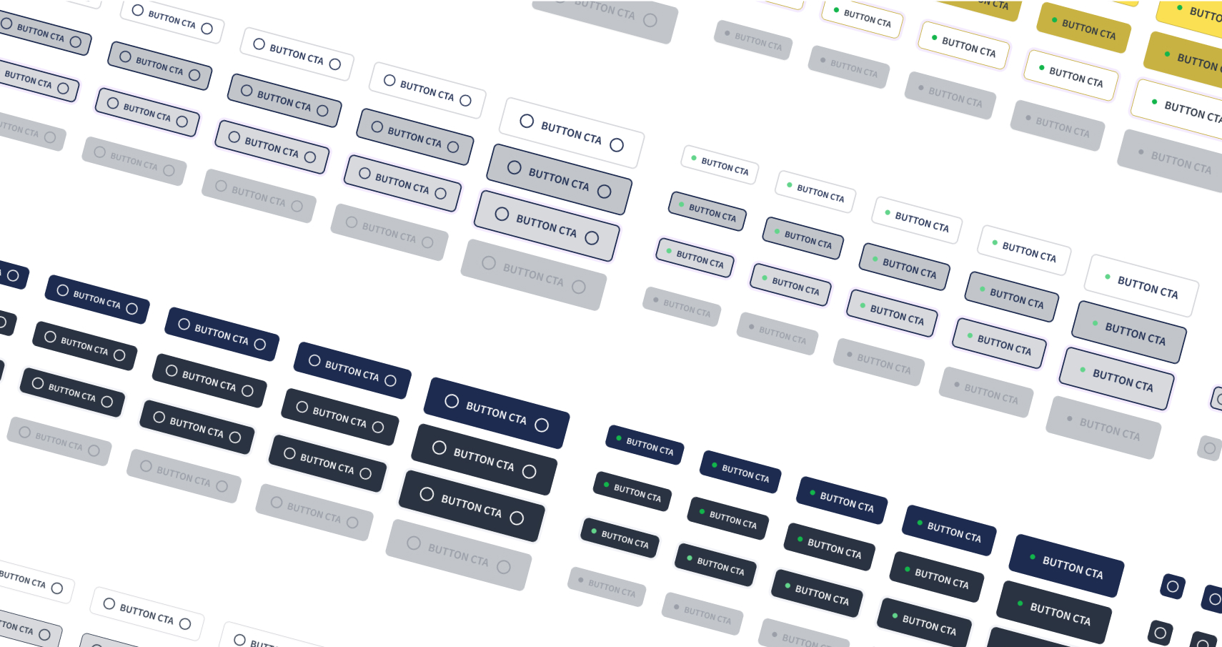 A variety of rectangular buttons labeled 'BUTTON CTA' in different colors, styles, and sizes arranged diagonally on a white background.