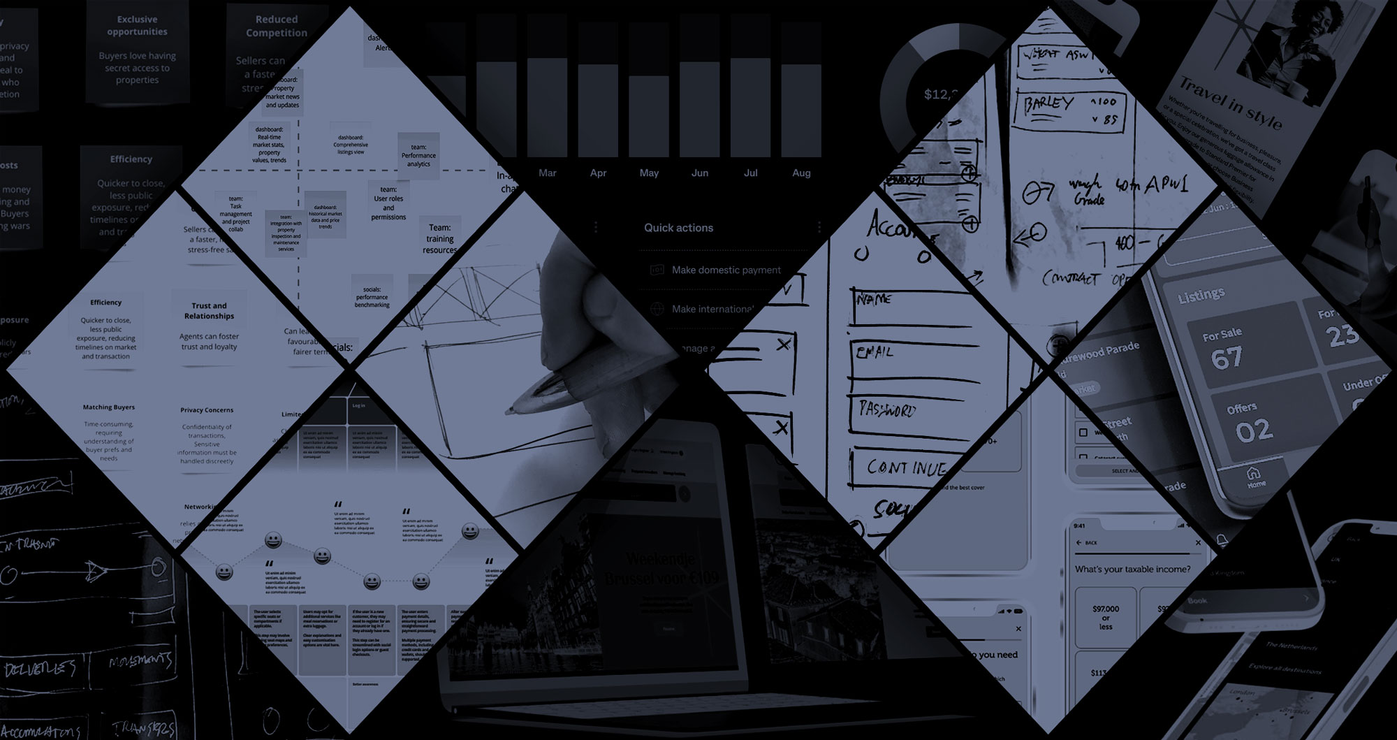 Collage of diamond-shaped segments showing sketches, handwritten notes, flowcharts, and mobile app screen designs related to user interface and user experience.