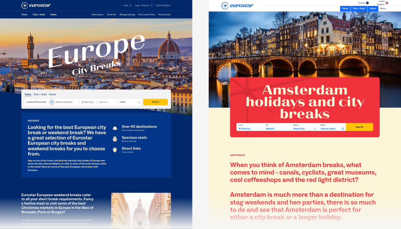 Side-by-side Eurostar website pages: left shows a European cityscape with search options for trains and hotels; right shows an Amsterdam canal scene with a search panel for holidays and city breaks.