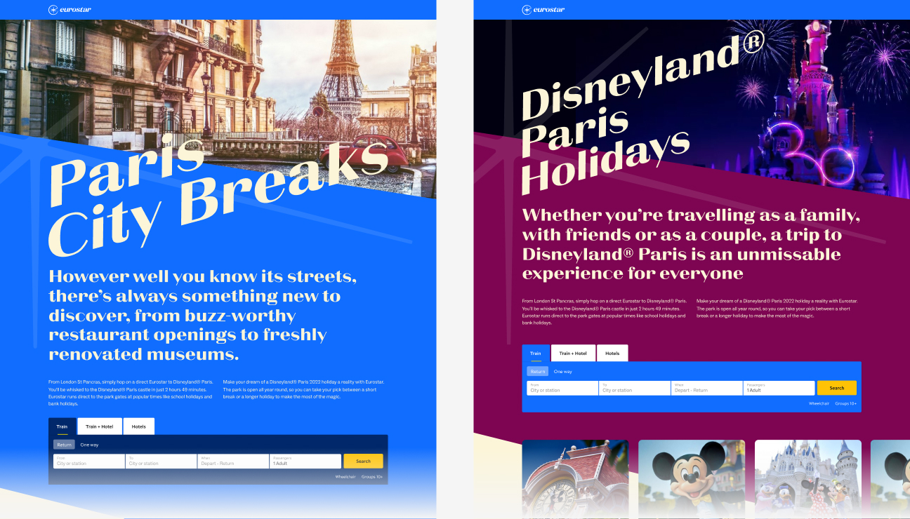 Side-by-side Eurostar booking pages: left shows Paris City Breaks with Eiffel Tower background; right shows Disneyland Paris Holidays with castle and fireworks background.
