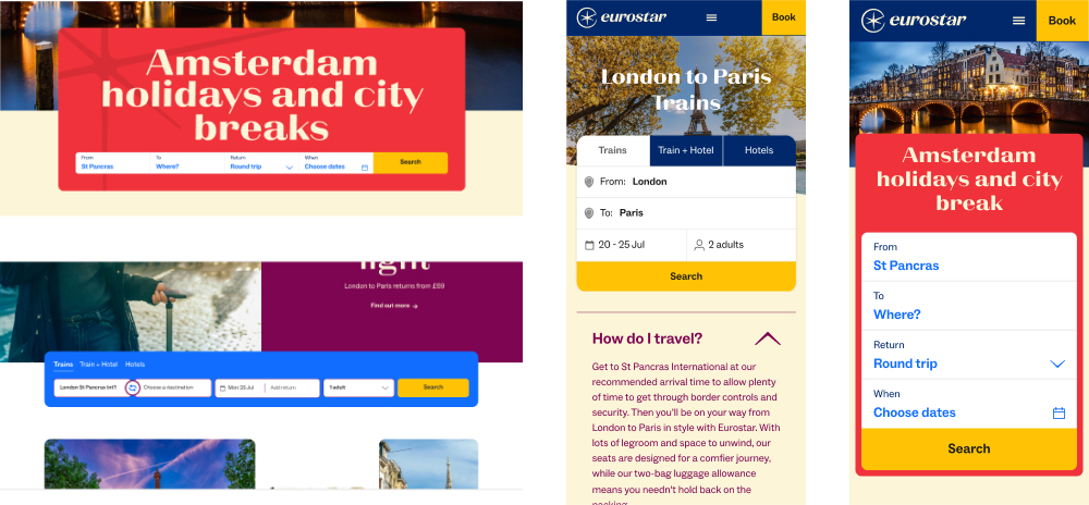 Collage of Eurostar booking interfaces showing options for Amsterdam holidays, London to Paris train tickets, and search fields for travel dates and passengers.