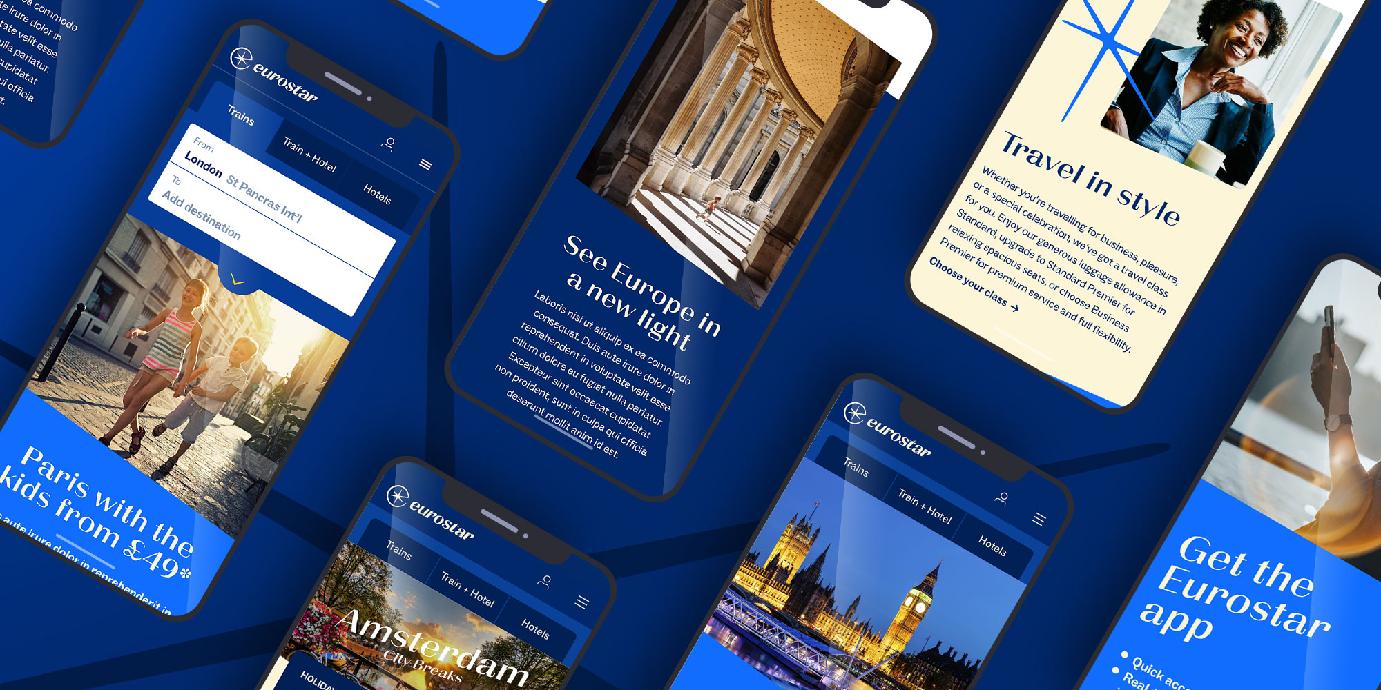 Multiple mobile phones displaying Eurostar travel app features including booking, travel styles, and European city destinations with images of Paris, Amsterdam, and London landmarks.