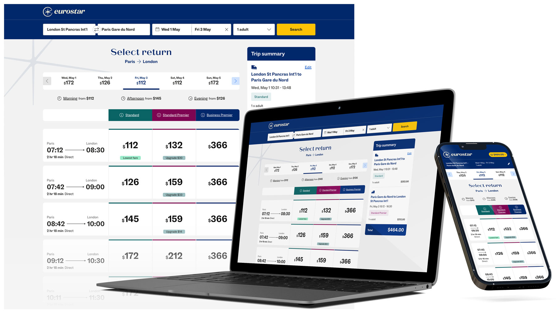 Eurostar online train booking interface shown on laptop and smartphone screens with options to select return trip from Paris to London and various fare classes.