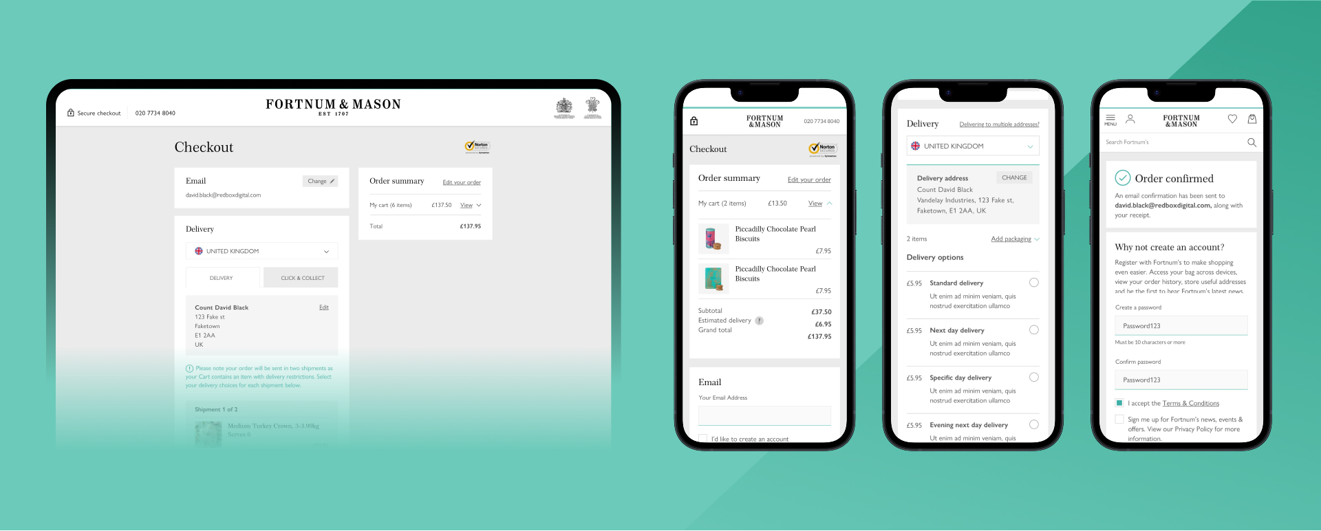 Fortnum & Mason online checkout page and mobile screens showing order summary, delivery options, and order confirmation.