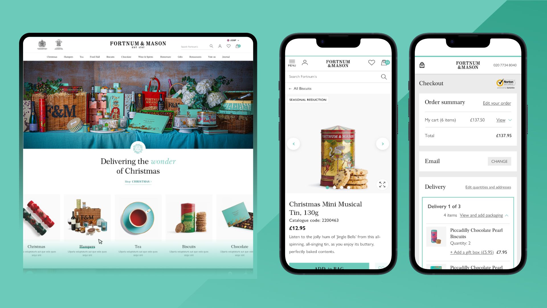 Fortnum & Mason website homepage on a tablet showing Christmas hampers, and two mobile screens displaying a Christmas Mini Musical Tin product page and a checkout summary with order details.