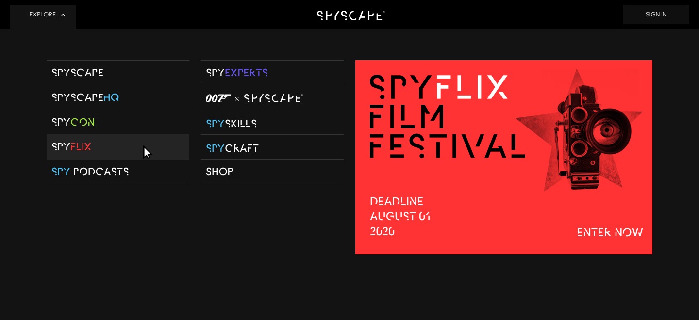 Website navigation menu with categories like SpyScape, SpyCon, SpyFlix, and a red promotional banner for SpyFlix Film Festival with a vintage movie camera and deadline August 01, 2020.