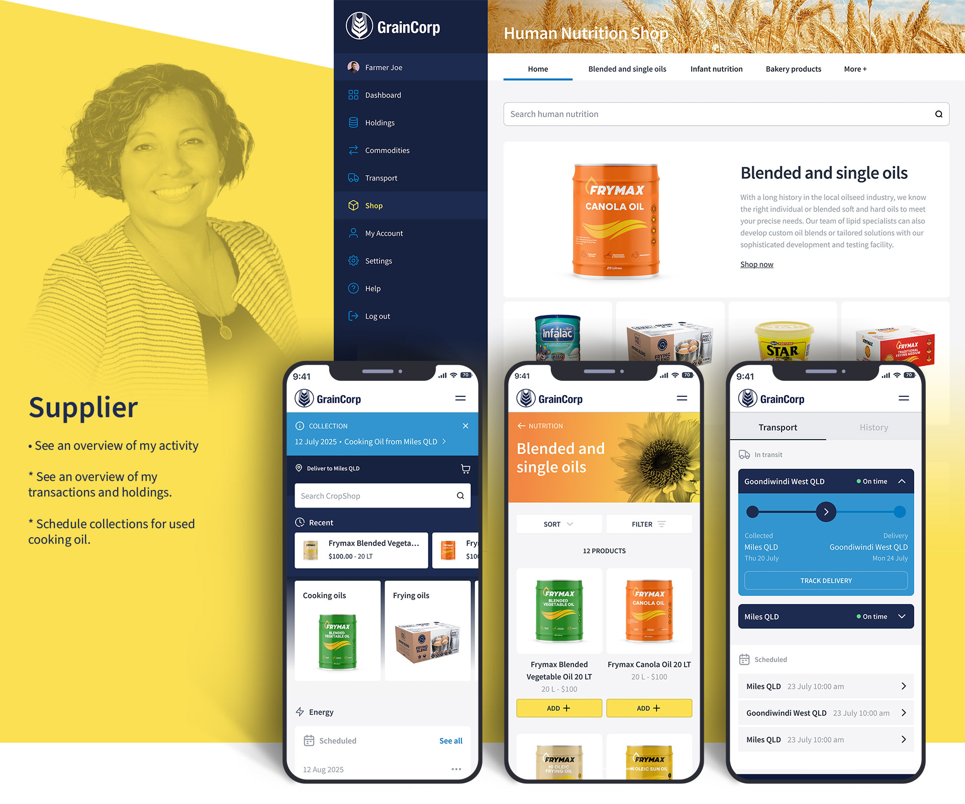 Supplier section with a smiling woman on yellow background and three smartphones displaying GrainCorp's app interfaces for managing cooking oils, blended oils shopping, and transport tracking.