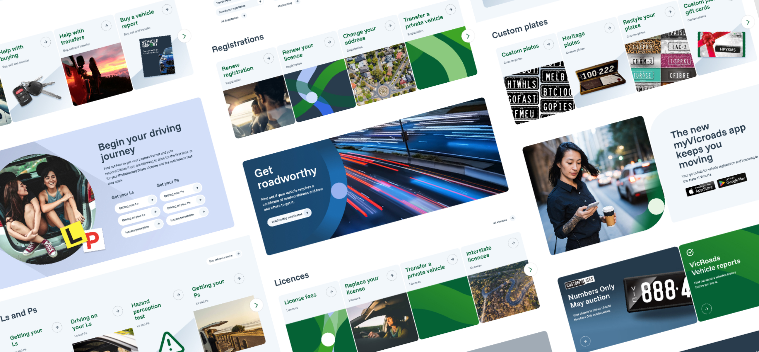 Collage of website sections featuring driving-related services including driving journey start, registrations, roadworthy certificates, custom plates, and vehicle reports.