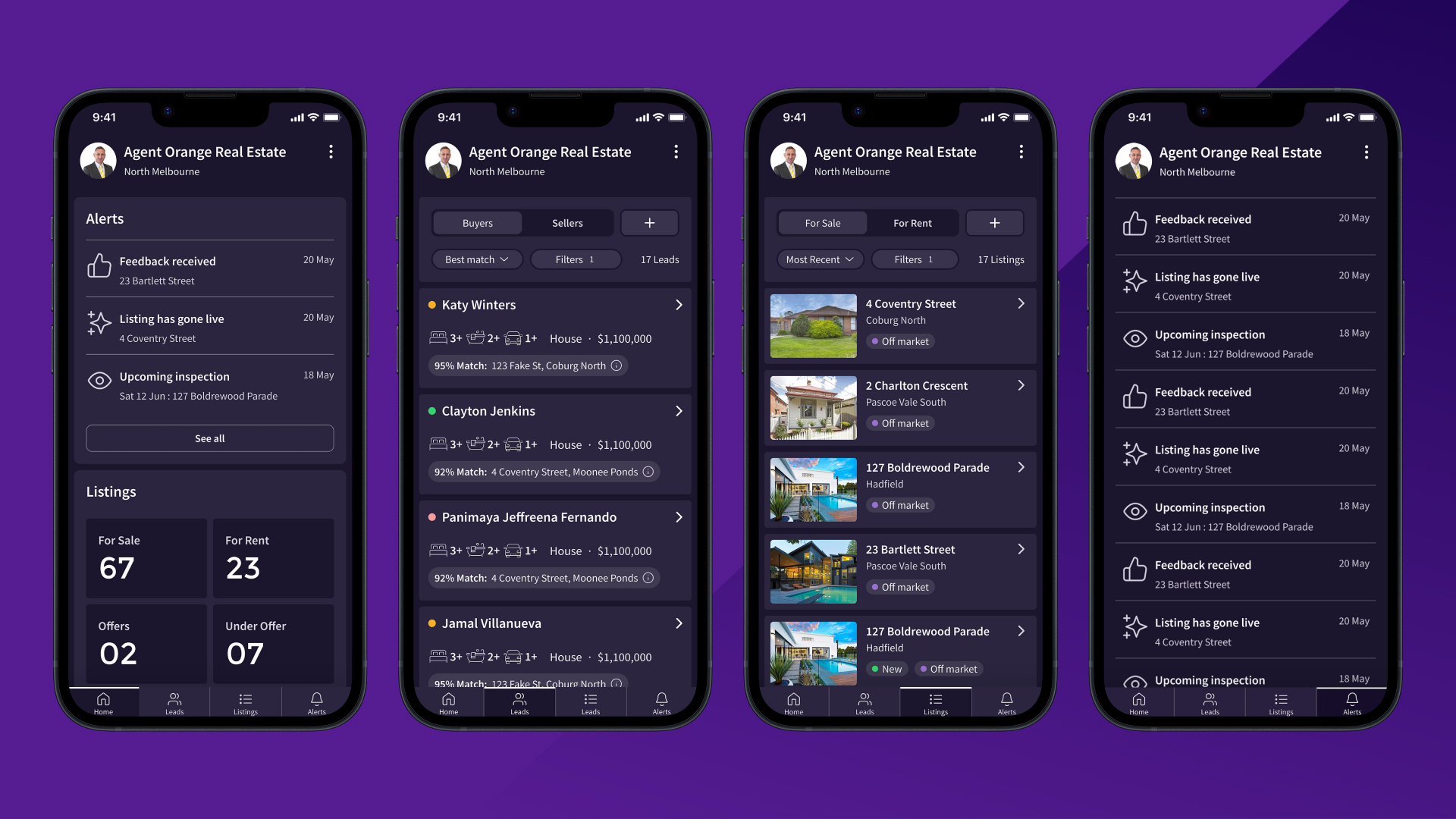 Four smartphone screens showing a real estate app with agent profile, alerts, home listings, buyer and seller leads, and property status updates.