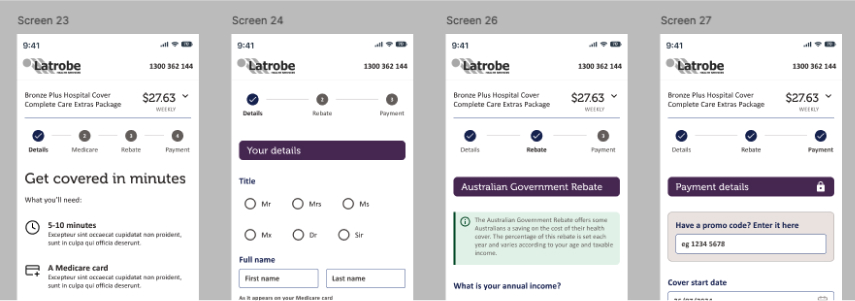 Four smartphone screens showing steps of enrolling in Latrobe health insurance: entering details, selecting title and name, information on Australian Government Rebate, and payment details with promo code field.