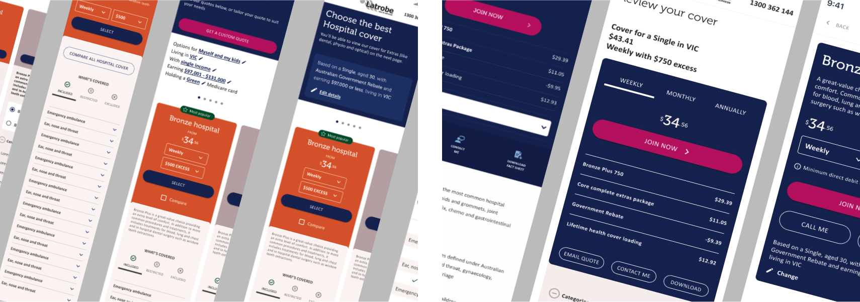 Screens showing a hospital cover selection interface with options for Bronze hospital plans, pricing, excess amounts, and coverage details.