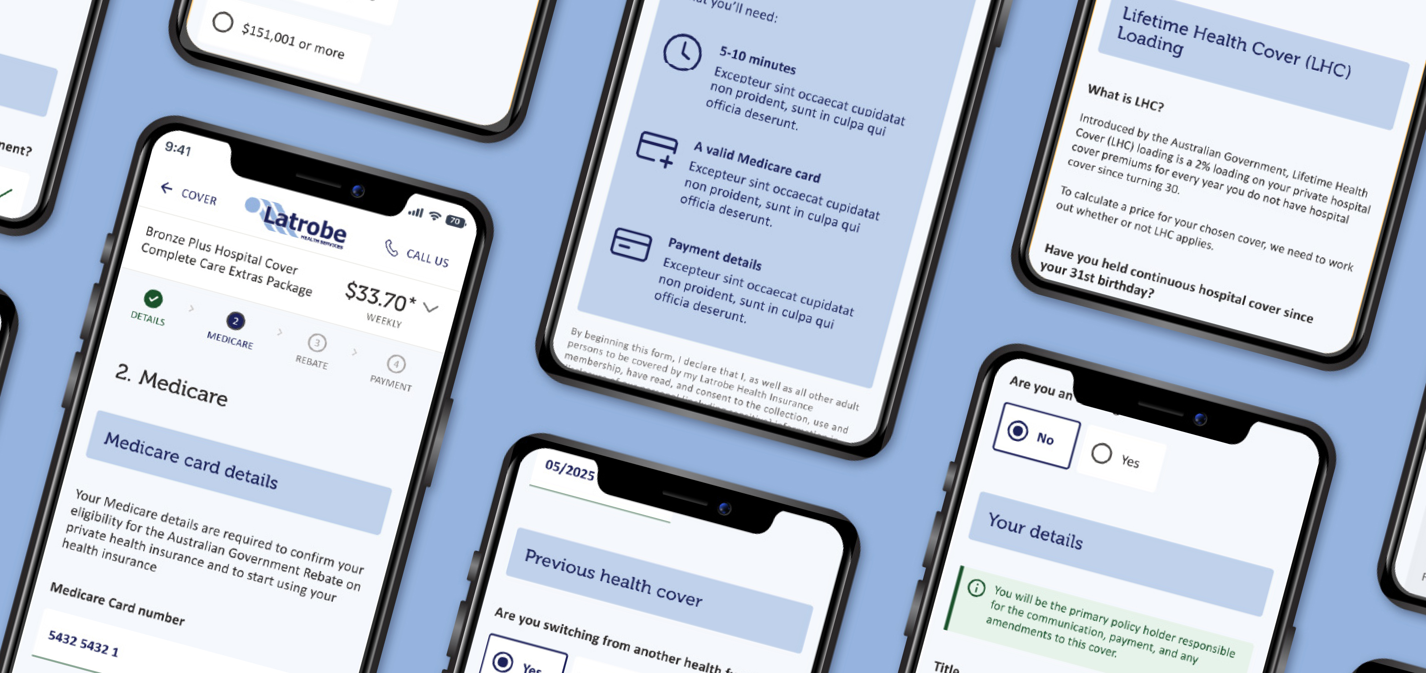 Multiple tilted smartphones display health insurance forms for Medicare details, previous health cover, Lifetime Health Cover loading, and personal details on a blue background.