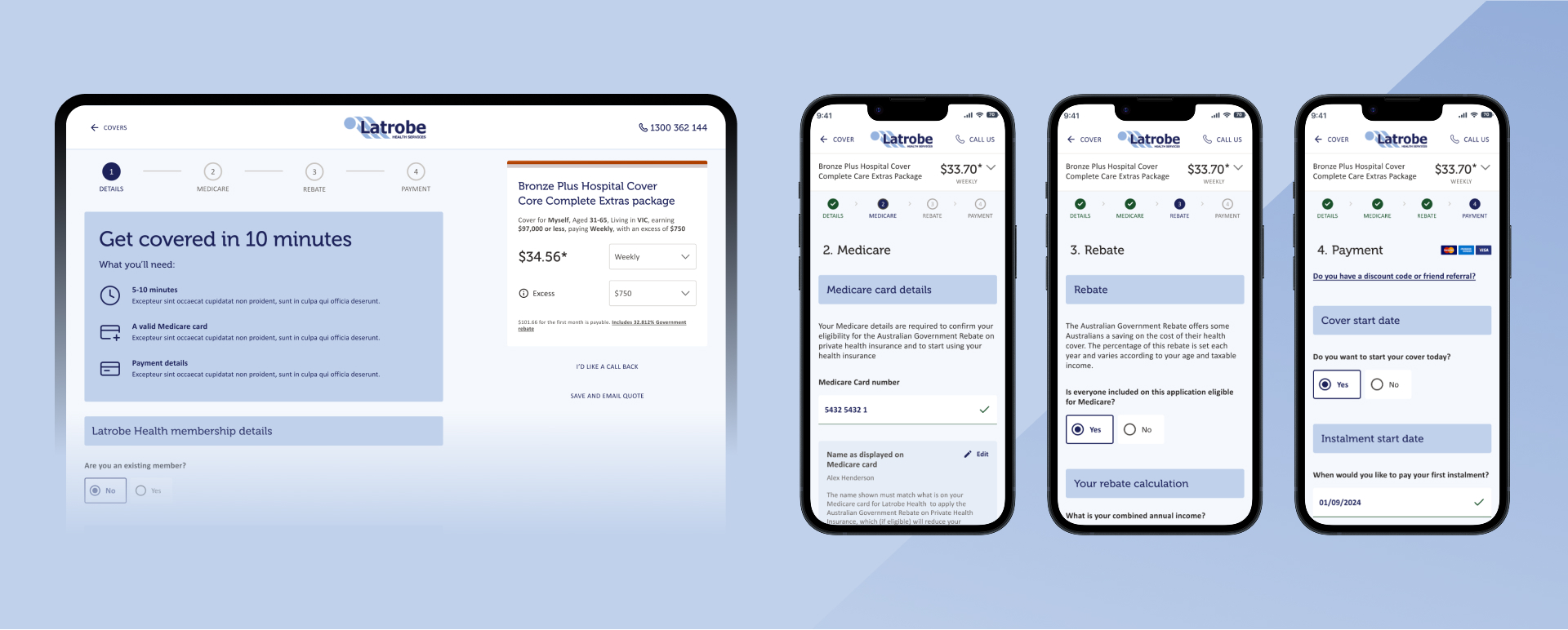 Screens showing Latrobe Health Services Bronze Plus Hospital Cover signup process, including details, Medicare, rebate, and payment steps on desktop and mobile views.