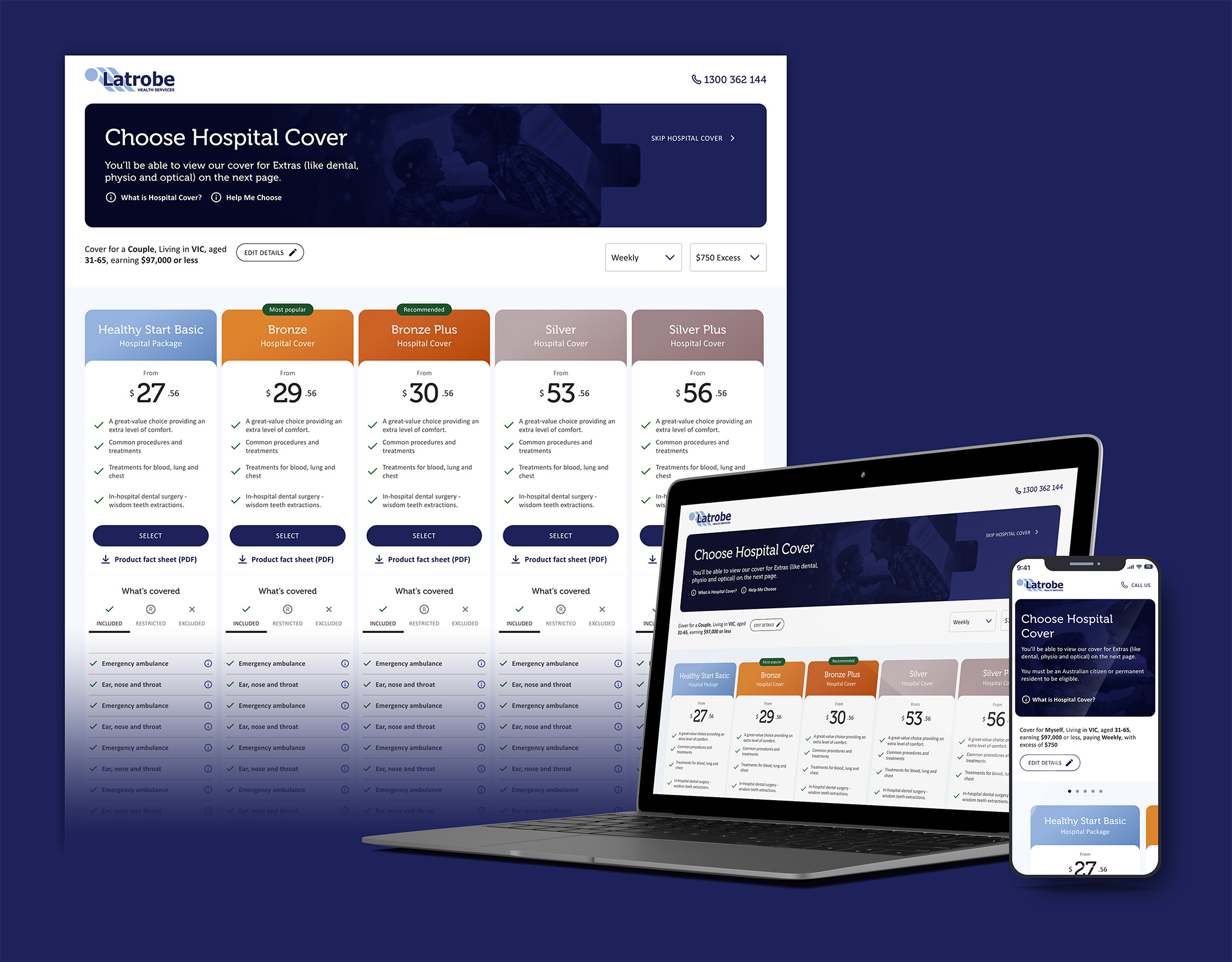 Latrobe Health Services webpage showing hospital cover plans with pricing and coverage details displayed on desktop, laptop, and mobile screens.