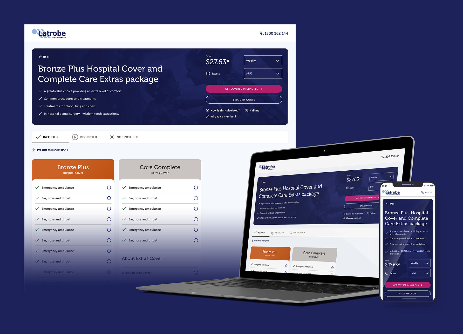 Latrobe Health Services website displaying Bronze Plus Hospital Cover and Complete Care Extras package details on a laptop and smartphone screens.