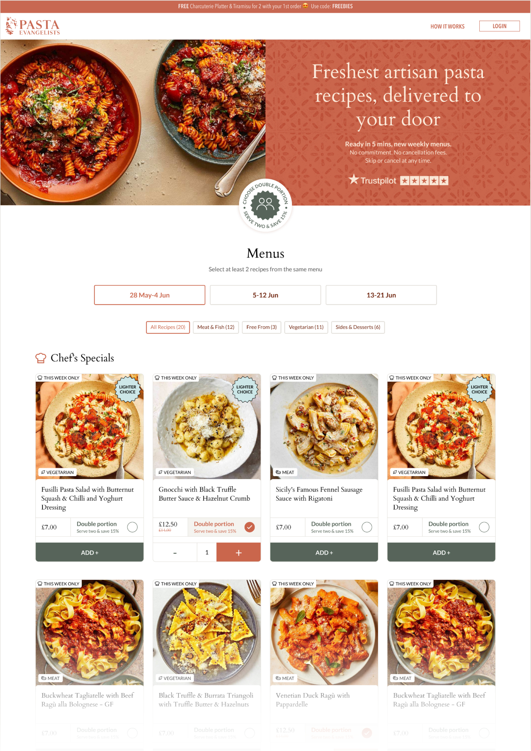 Website page for Pasta Evangelists showcasing artisan pasta menus with images and details of various pasta dishes including vegetarian and meat options.