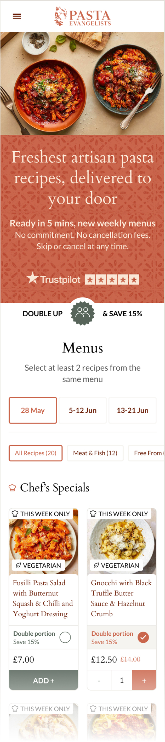 Mobile screen of Pasta Evangelists showing two bowls of red sauce pasta, weekly menu selection with dates, and chef's specials including vegetarian fusilli pasta salad and gnocchi with truffle butter.