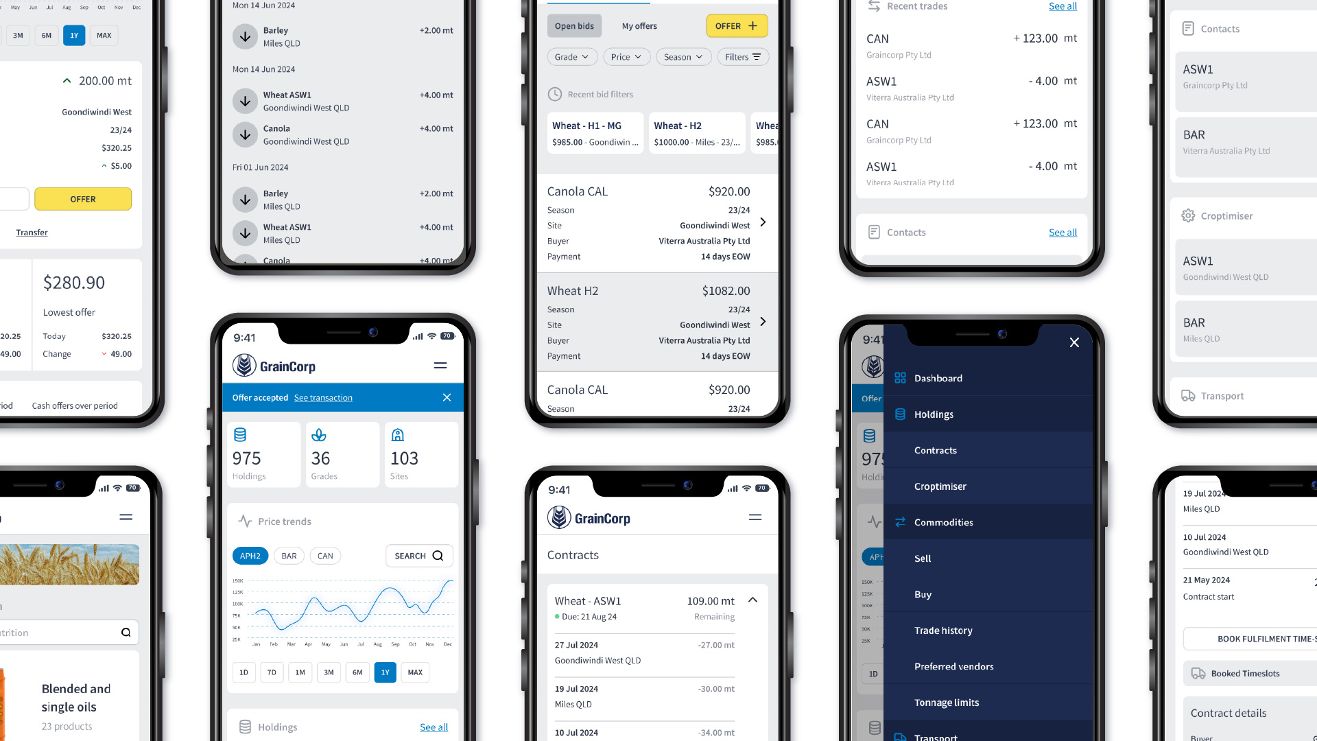 Multiple smartphone screens showing a GrainCorp mobile app interface with commodity trading features including offers, contracts, price trends, recent trades, and navigation menu.