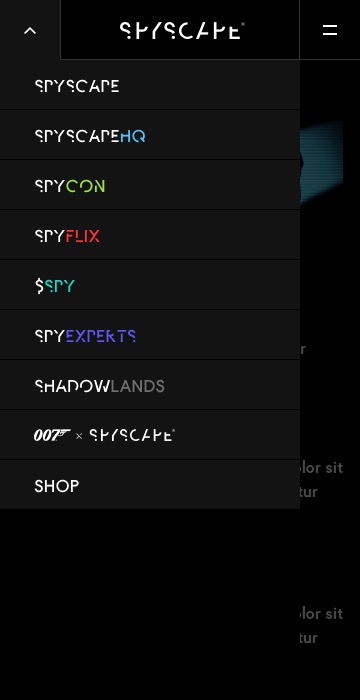 Dropdown mobile menu showing options: SPYSCAPE, SPYSCAPE HQ, SPYCON, SPYFLIX, SPY, SPY EXPERTS, SHADOWLANDS, 007 x SPYSCAPE, and SHOP.