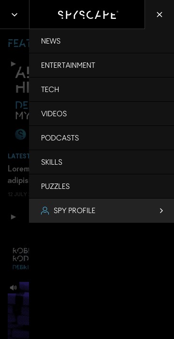 Mobile navigation menu with options: News, Entertainment, Tech, Videos, Podcasts, Skills, Puzzles, and Spy Profile.