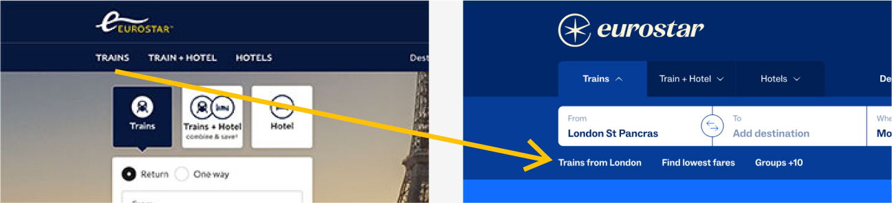 Comparison of two Eurostar website navigation menus showing options for Trains, Train + Hotel, and Hotels with booking fields and fare search.
