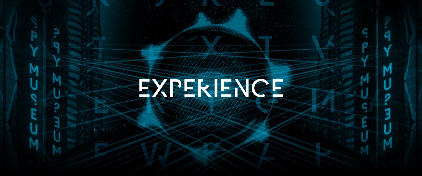 Digital abstract background with the word EXPERIENCE centered and the words SPY MUSEUM vertically on both sides.