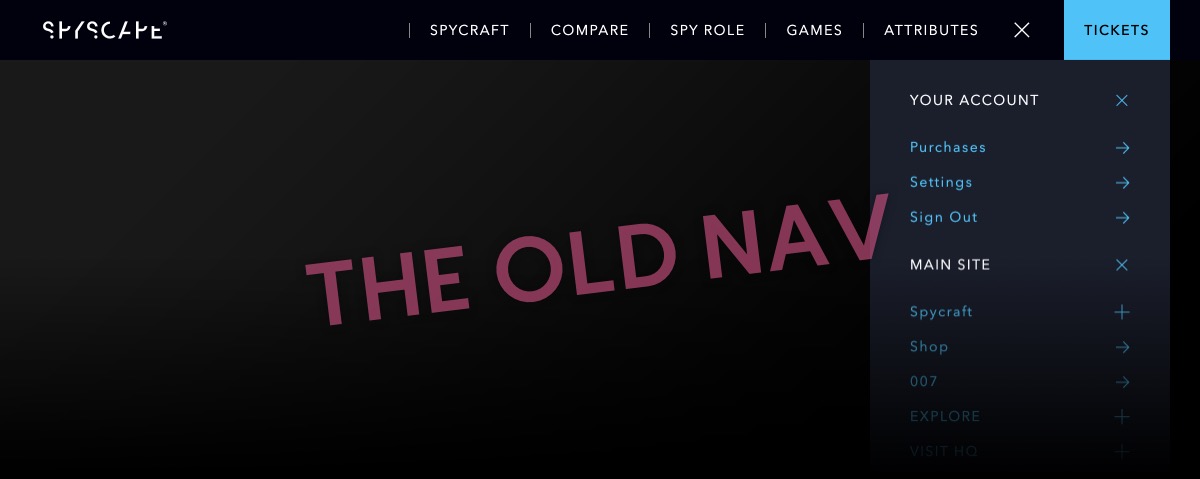 Spycraft website header navigation showing menu items: Spycraft, Compare, Spy Role, Games, Attributes, Tickets, and a side panel with account and main site links.