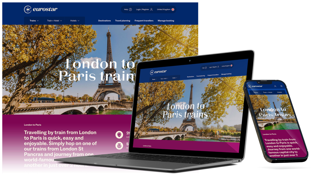 Eurostar website displayed on laptop and smartphone with the Eiffel Tower and text about London to Paris trains.