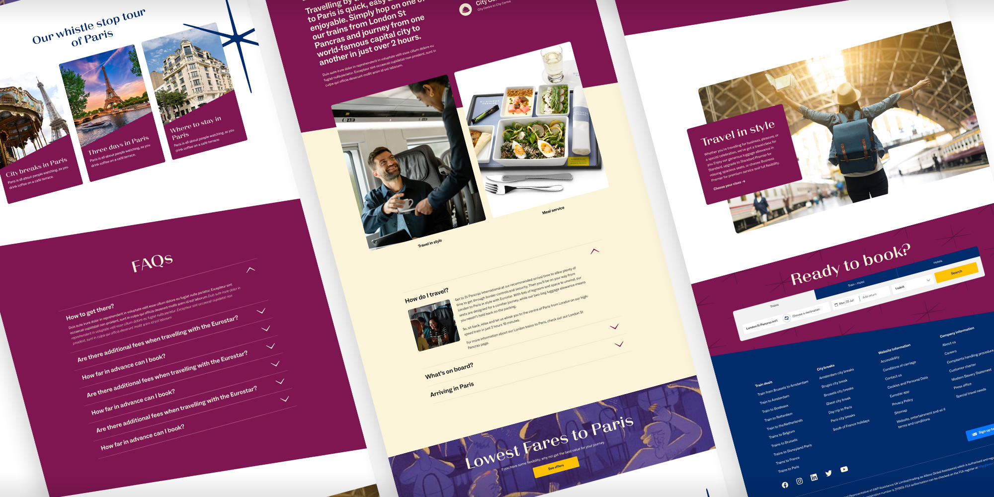 Website layout showcasing Paris travel options, including a whistle stop tour, train meal service, FAQs, booking section, and a traveler at a station.