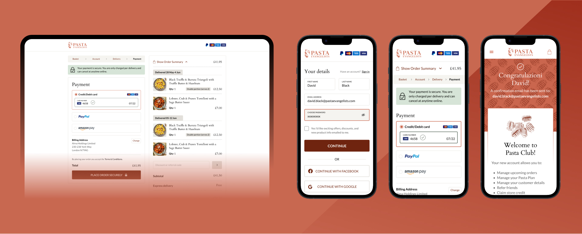 Screens showing Pasta Evangelists checkout flow, including payment page, user details form, order summary, and account confirmation on mobile devices and desktop.