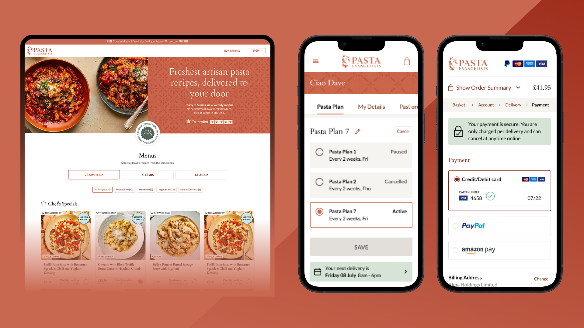 Screens showing Pasta Evangelists website and app displaying artisan pasta recipes, meal plan options, and secure payment page.