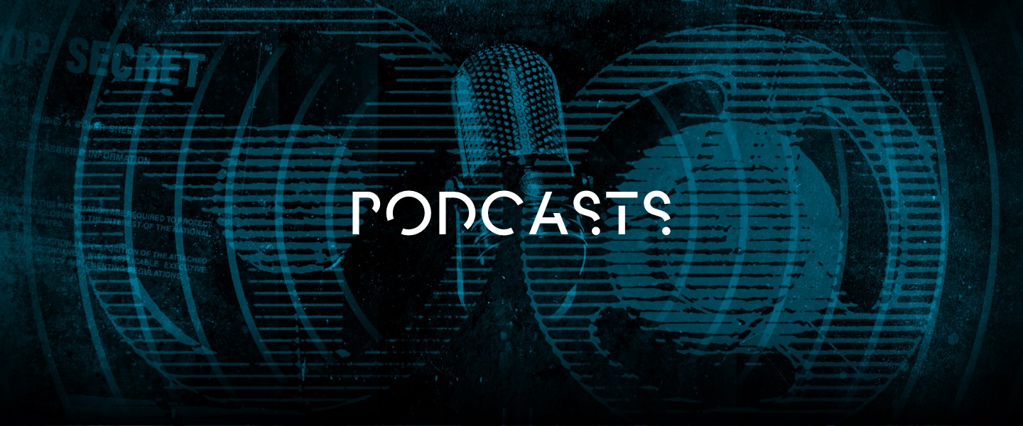 Microphone icon with soundwave graphics and the word PODCASTS in white letters on a dark blue background.