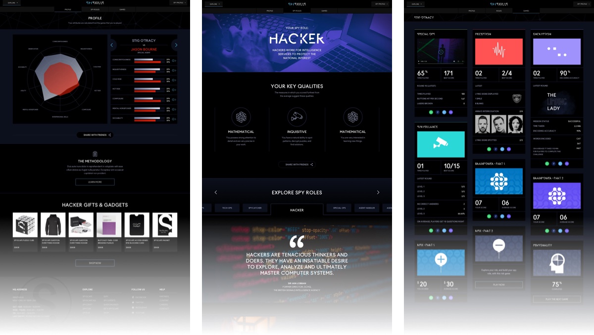 Screenshots of a spy skills profile showing a radar chart of attributes, role description for Hacker with key qualities and quote, and game performance stats including special ops, perception, encryption, and brainpower scores.
