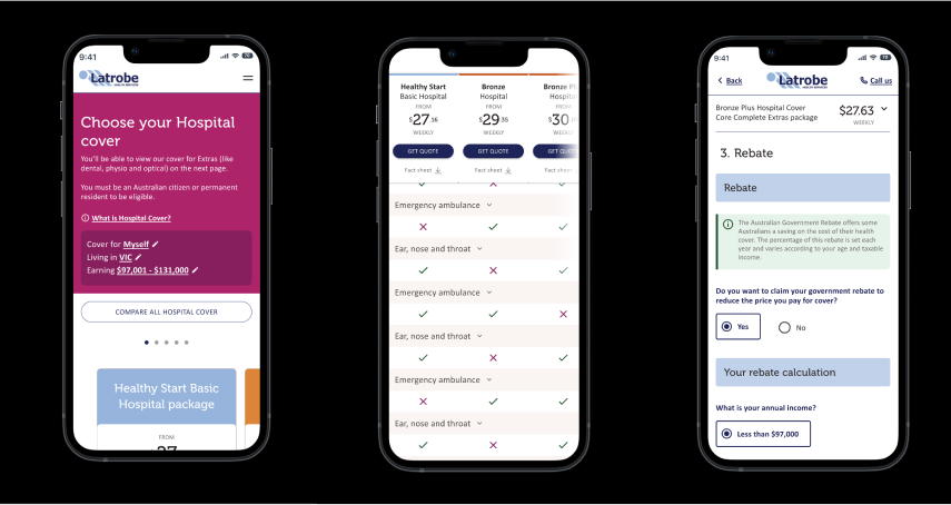 Three smartphone screens showing a hospital cover selection app: left screen with user info and package options, middle screen comparing coverage benefits, right screen displaying rebate details and income question.